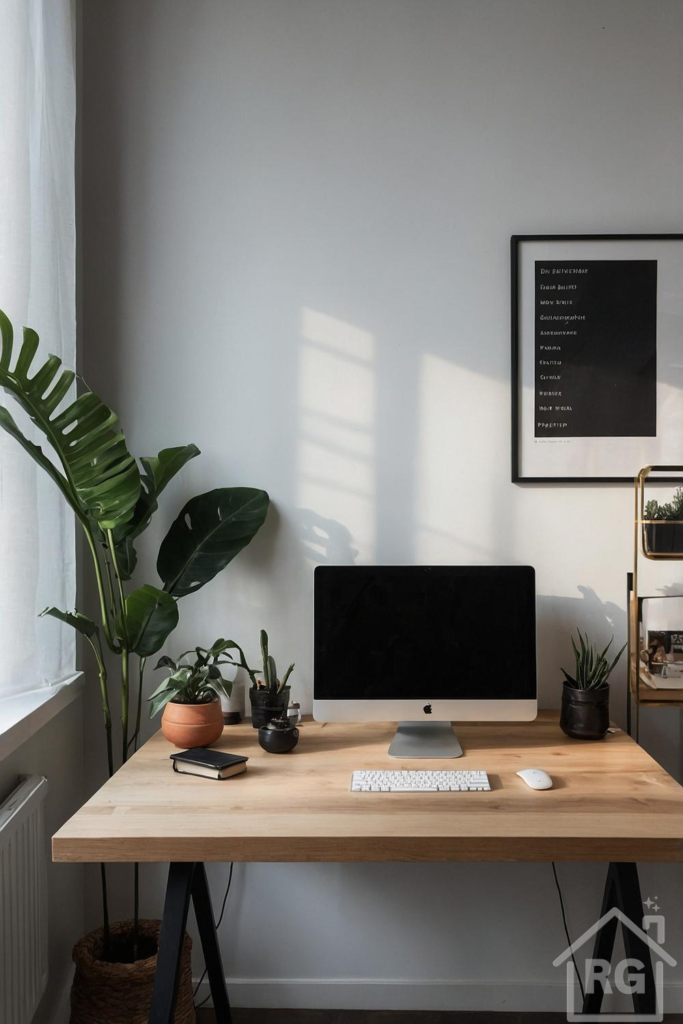 A minimalist home office with a light wood desk holding an iMac, keyboard, mouse, and several potted plants. A large Monstera plant sits by the window with sheer curtains, and a black framed poster hangs on the off-white wall.