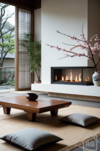 A serene Japandi-style living room with tatami mat flooring, a low wooden table, grey floor cushions, a modern recessed fireplace with flames, and cherry blossoms in a vase next to shoji screen doors overlooking a garden.