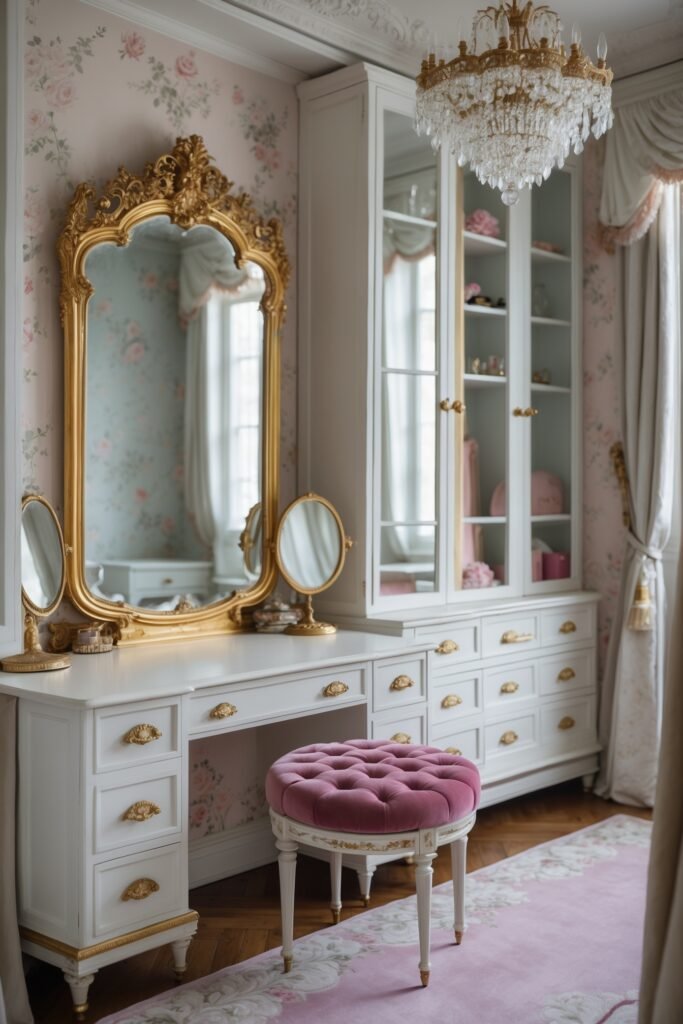 An elegant white vanity table featuring ornate gold hardware and a large, matching gold-framed mirror, paired with a pink tufted velvet stool. The room includes floral wallpaper, a white storage cabinet with glass doors, and a crystal chandelier.