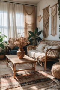 A sunlit bohemian living room featuring a rattan sofa with patterned pillows, a rattan coffee table with a ceramic vase of dried flowers, macrame wall hangings, potted plants, and a layered rug.