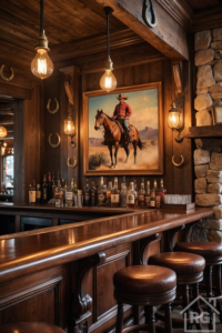 A rustic home bar in a Western saloon style, featuring a polished dark wood counter, brown leather stools, wood-paneled walls with horseshoe decorations, a stone accent wall, vintage pendant lights, and a large painting of a cowboy on horseback.