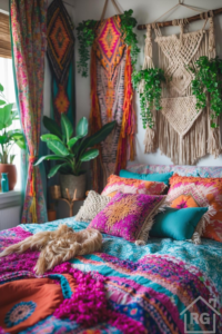 A vibrant bohemian-style bedroom featuring a bed overflowing with colorful patterned pillows and throws in magenta, teal, and orange. Macrame and textile wall hangings adorn the walls, complemented by numerous green potted and hanging plants.