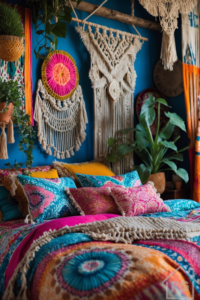 A vibrant bohemian bedroom featuring a bold blue wall adorned with multiple macrame wall hangings. The bed is layered with colorful patterned bedding and pillows in shades of pink, teal, orange, and yellow, complemented by a cream knitted throw. Lush green houseplants in terracotta pots and hanging baskets enhance the eclectic, textured look.