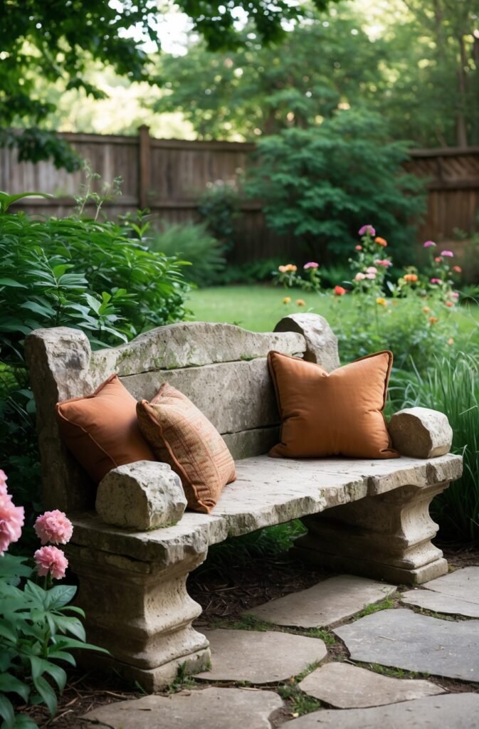 A weathered, light grey carved stone bench sits on a flagstone path in a lush garden, adorned with three terracotta-colored cushions. Green foliage, colorful flowers, and a wooden fence form the background.