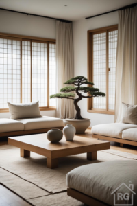 A serene Japandi-style living room featuring light beige sofas, a low square wooden coffee table with ceramic vases, a large bonsai tree in a pot, and traditional Japanese shoji screen windows filtering soft light.