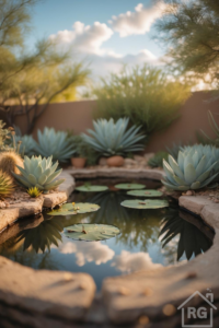 A tranquil backyard pond reflecting a blue sky with clouds, edged with natural sandstone rocks and surrounded by blue-green agave, cacti, and other desert plants against a terracotta stucco wall.