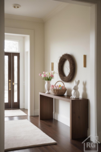 A minimalist entryway with off-white walls and dark wood floors features a dark wood console table decorated for Easter. On the table sits a white vase with pink and white tulips, a woven basket with pastel eggs, and a white ceramic bunny, below a natural twig wreath flanked by gold wall sconces.