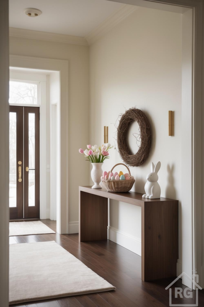 A minimalist entryway with off-white walls and dark wood floors features a dark wood console table decorated for Easter. On the table sits a white vase with pink and white tulips, a woven basket with pastel eggs, and a white ceramic bunny, below a natural twig wreath flanked by gold wall sconces.
