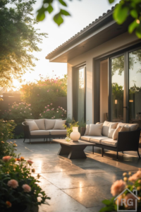A tranquil Japandi-style patio at sunset featuring two dark-framed outdoor sofas with light beige cushions, a matching coffee table with vases, set on grey stone tiles, surrounded by lush greenery and flowering bushes under warm evening light.