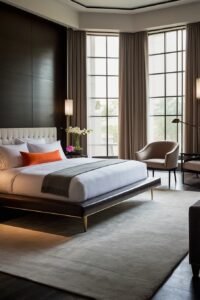 A luxurious modern bedroom featuring a dark wood paneled wall behind a platform bed with white linens, an orange accent pillow, and a cream tufted headboard. Large windows with beige curtains flank the bed, illuminating a plush grey rug and a beige armchair.