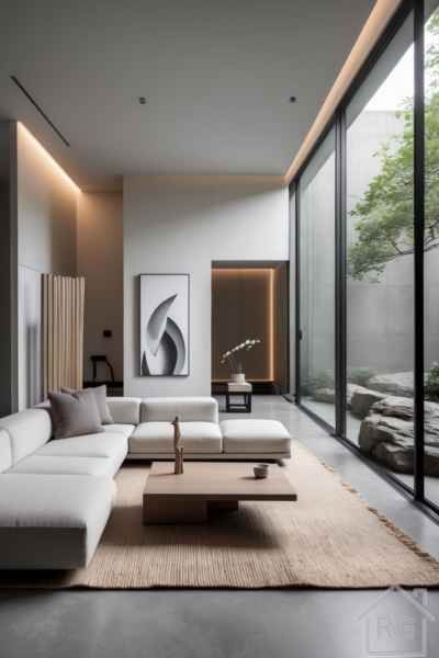 Minimalist living room featuring an off-white sectional sofa, light wood coffee table on a jute rug, and a large vertical abstract monochrome print in a thin black frame on the wall, overlooking a courtyard.