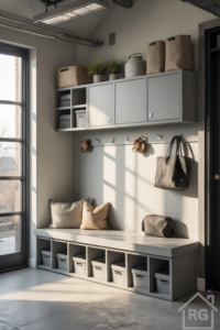 A well-organized urban loft mudroom featuring light grey built-in cabinetry, a bench with storage cubbies below, concrete flooring, and natural light streaming through a large window.