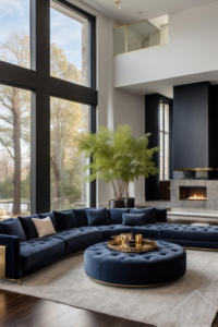 A luxurious modern living room featuring a large deep blue velvet sectional sofa and matching tufted ottoman with gold accents, set on a light grey rug before a marble fireplace and tall windows.