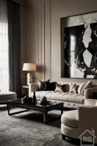 An elegant modern living room featuring cream upholstered sofa and armchair, a black and gold coffee table, grey curtains, wall paneling, and large abstract black, white, and gold artwork.