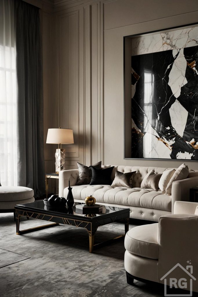 An elegant modern living room featuring cream upholstered sofa and armchair, a black and gold coffee table, grey curtains, wall paneling, and large abstract black, white, and gold artwork.
