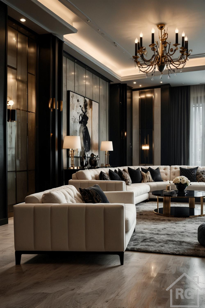 A luxurious modern living room featuring a large cream sectional sofa centered on a plush grey rug, facing a dark wall with integrated panels and abstract art. A prominent gold and black chandelier hangs above, complemented by gold-accented table lamps and a coffee table.