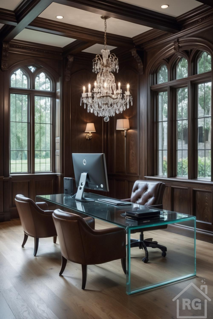 A luxurious home office featuring dark wood paneled walls, large arched windows, and a coffered ceiling. A large crystal chandelier hangs above a modern glass desk, flanked by brown leather office chairs on a light wood floor.