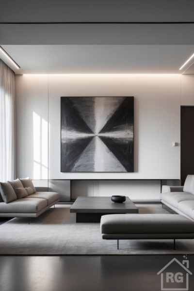 Modern minimalist living room featuring light grey sofas, a dark concrete coffee table, and a large square abstract black, white, and grey geometric print centered on the main wall.