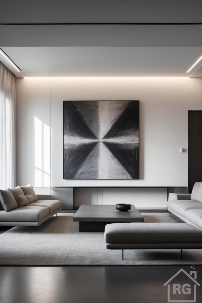 Modern minimalist living room featuring light grey sofas, a dark concrete coffee table, and a large square abstract black, white, and grey geometric print centered on the main wall.