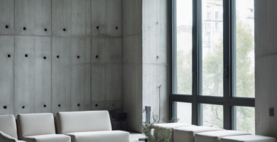 A minimalist living room featuring raw concrete walls and ceiling, large black-framed windows, a modular off-white sofa and ottomans arranged on a large grey textured rug, and a low, dark grey coffee table with vases.