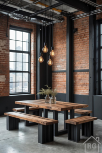 An industrial loft dining room featuring exposed red brick walls, a large black-framed window, a polished concrete floor, and a wooden dining table and benches with black metal bases positioned under hanging Edison bulb pendant lights.