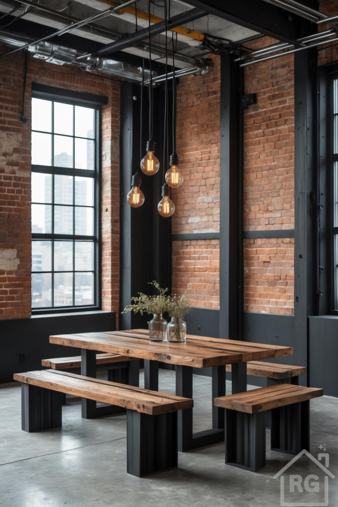 An industrial loft dining room featuring exposed red brick walls, a large black-framed window, a polished concrete floor, and a wooden dining table and benches with black metal bases positioned under hanging Edison bulb pendant lights.