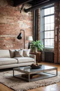 An industrial-style living room with an exposed red brick wall, large black-framed window, beige sofa, metal and stone coffee table on a textured rug, and black metal lamps and pipes.