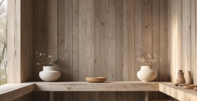 A serene, minimalist meditation room clad entirely in light wood, featuring a built-in bench, a light grey rug, ceramic vases, and woven baskets, illuminated by natural light from a large window.