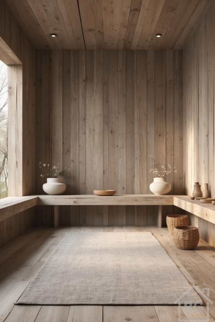A serene, minimalist meditation room clad entirely in light wood, featuring a built-in bench, a light grey rug, ceramic vases, and woven baskets, illuminated by natural light from a large window.