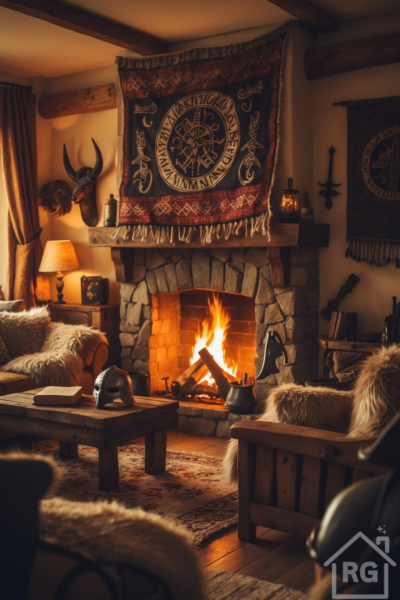A cozy Viking-style living room centered around a large stone fireplace with a roaring fire. Wooden beams cross the ceiling, sturdy wooden furniture is draped with faux fur throws, and Norse tapestries and artifacts like a helmet and axe decorate the space.