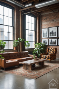 An industrial loft living room featuring exposed brick walls, large black-framed windows with city views, a brown leather sectional sofa, a patterned orange and black armchair, a reclaimed wood coffee table on a patterned rug, and numerous houseplants.
