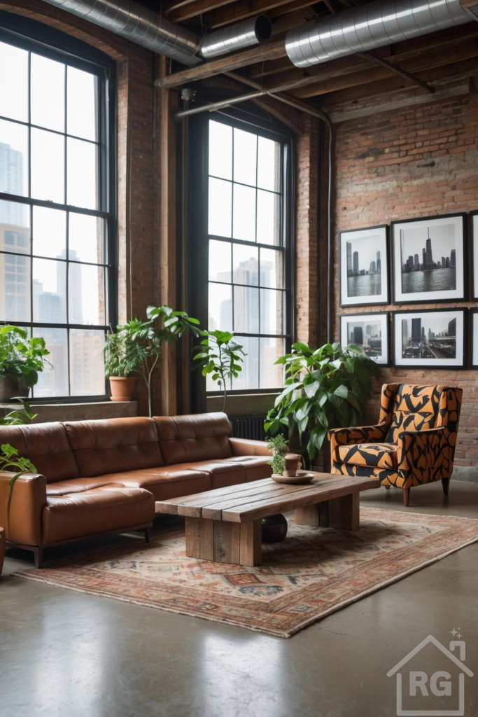 An industrial loft living room featuring exposed brick walls, large black-framed windows with city views, a brown leather sectional sofa, a patterned orange and black armchair, a reclaimed wood coffee table on a patterned rug, and numerous houseplants.
