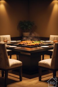 A warm, dimly lit dining room centered around a square dark wood table with an integrated hibachi grill cooking food. Four upholstered chairs surround the table with place settings including plates and wine glasses.