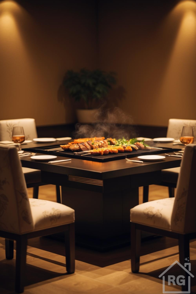 A warm, dimly lit dining room centered around a square dark wood table with an integrated hibachi grill cooking food. Four upholstered chairs surround the table with place settings including plates and wine glasses.