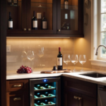 A sophisticated kitchen wine nook featuring dark wood cabinets with glass doors, a built-in stainless steel wine cooler, beige tile backsplash, light stone countertop with wine glasses and grapes, and warm under-cabinet lighting.
