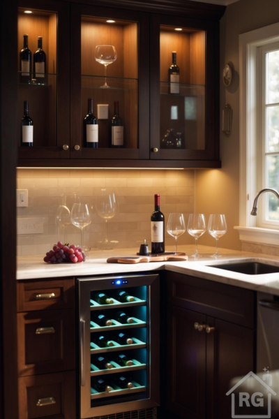 A sophisticated kitchen wine nook featuring dark wood cabinets with glass doors, a built-in stainless steel wine cooler, beige tile backsplash, light stone countertop with wine glasses and grapes, and warm under-cabinet lighting.