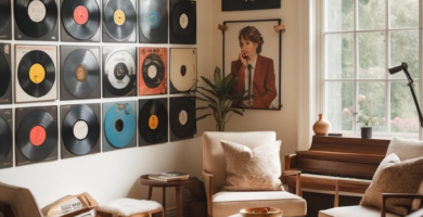 A cozy, eclectic living room designed for music lovers, featuring a large wall display of vinyl records, mid-century modern armchairs, a wooden coffee table, an upright piano, and a large window providing natural light.