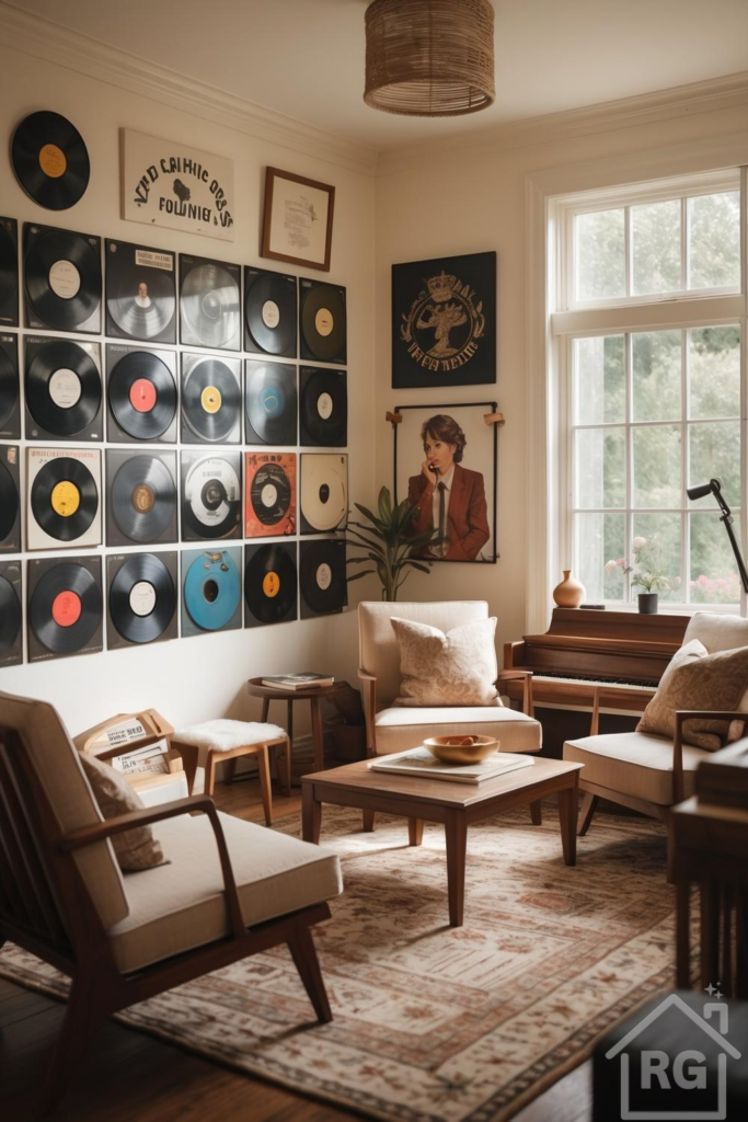 A cozy, eclectic living room designed for music lovers, featuring a large wall display of vinyl records, mid-century modern armchairs, a wooden coffee table, an upright piano, and a large window providing natural light.