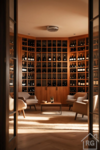 A sophisticated home wine cellar viewed through an open doorway, featuring extensive wooden wine racks lining the walls, filled with bottles, and a central seating area with four beige armchairs around a coffee table under warm lighting.