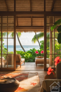 View from inside a room with wooden floors and a patterned rug, looking through open wooden sliding glass doors onto a tropical patio with lounge chairs, lush plants, hibiscus flowers, and an ocean view beyond.