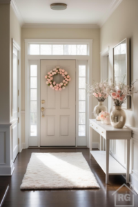 A bright, minimalist entryway featuring a white front door with a pink and white floral wreath, dark wood floors covered by a white shag rug, and a white console table holding metallic vases with pink flowers under a large mirror.
