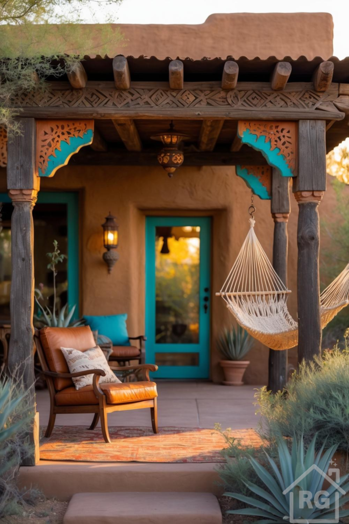 A covered Southwestern-style porch at sunset, featuring terracotta stucco walls, dark carved wooden beams with turquoise accents, a brown leather armchair, a woven hammock, and agave plants in terracotta pots.