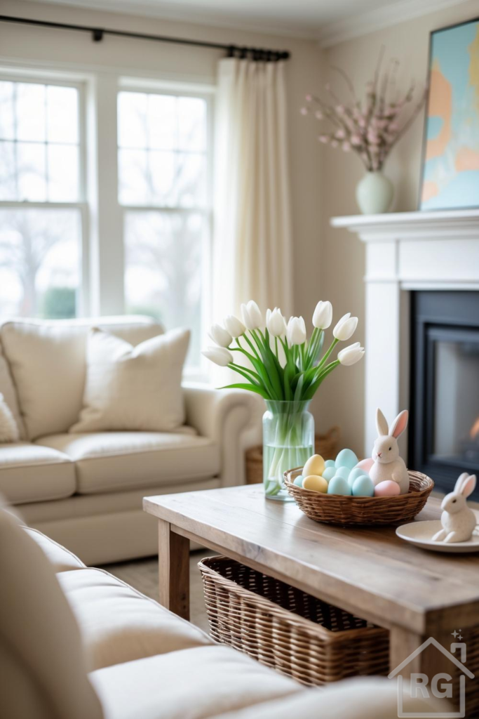 A bright, neutral living room featuring a cream sofa and a wooden coffee table decorated for Easter with white tulips in a glass vase, a woven basket filled with pastel eggs, and white ceramic bunnies.