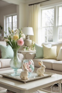 A bright living room coffee table features Easter decorations including a ribbed glass vase with pastel flowers, a clear bowl with pink and blue eggs, and two white ceramic bunnies on a distressed metal tray. Cream sofas with light blue and yellow pillows sit in the background near large windows.