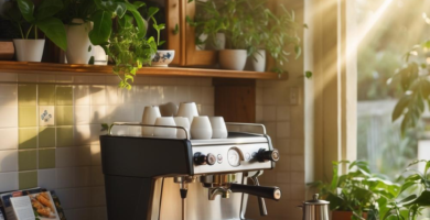 A cozy kitchen espresso nook featuring a black and silver espresso machine on a wooden countertop, surrounded by white cups, coffee beans, and potted plants, with sunlight streaming through a nearby window.