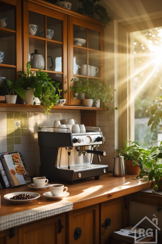 A cozy kitchen espresso nook featuring a black and silver espresso machine on a wooden countertop, surrounded by white cups, coffee beans, and potted plants, with sunlight streaming through a nearby window.