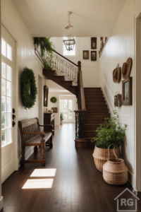 A bright farmhouse entryway featuring white paneled walls, dark wood floors, and a wooden staircase with a decorative wrought iron railing. A wooden bench sits near the front door, a green wreath hangs on the wall, and large woven baskets with plants are placed near the stairs.