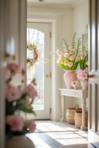 A bright, sunlit entryway viewed through an open doorway, featuring a white console table adorned with large pink and white floral arrangements in various vases. Woven baskets sit beneath the table on the light floor.