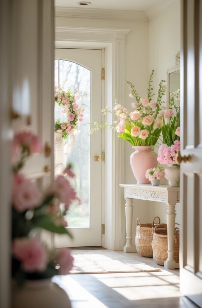 A bright, sunlit entryway viewed through an open doorway, featuring a white console table adorned with large pink and white floral arrangements in various vases. Woven baskets sit beneath the table on the light floor.