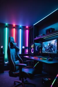 A dark gaming room illuminated by vibrant neon lights in cyan, magenta, and blue, featuring a black ergonomic gaming chair facing a desk with a PC setup, monitor displaying a game, and RGB peripherals.